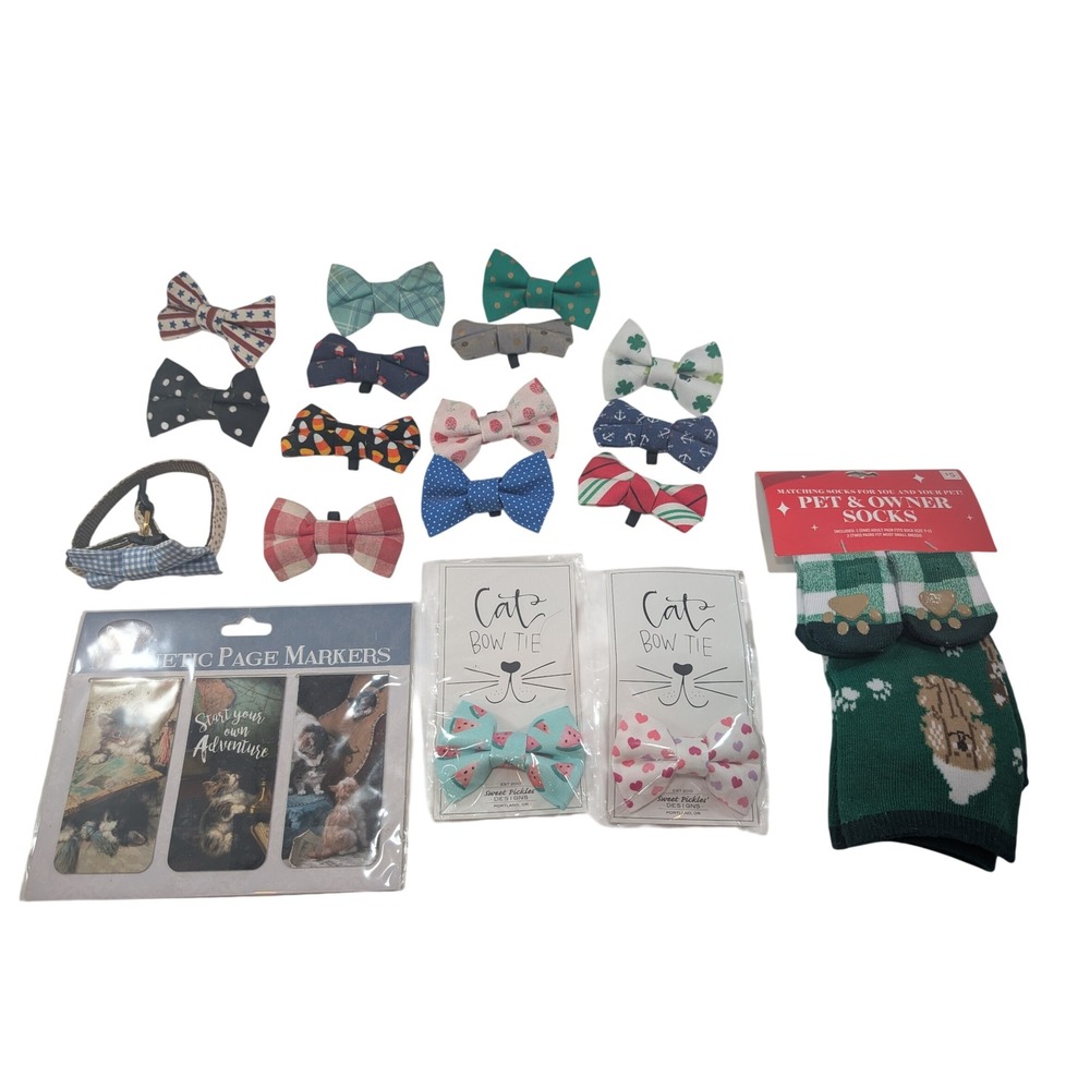 Cat Accessory Lot Sweet Pickles Bow Ties Magnetic Bookmarks Pet Owner Socks